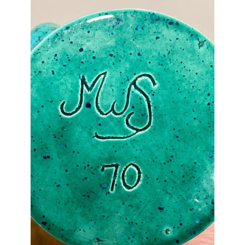 1970s Studio Pottery Genie Bottle Signed Teal Blue Speckled Glaze MCM Boho Decor